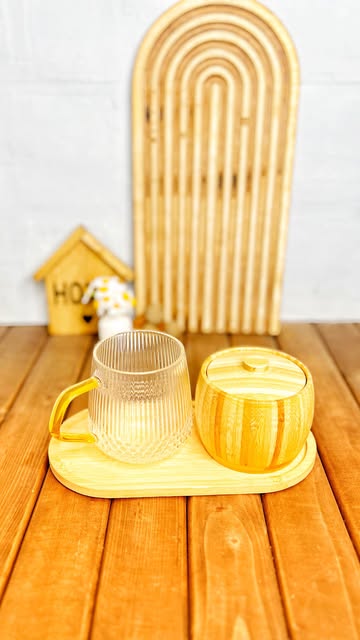 ست لیوان پیرکس و قندون تمام بامبو