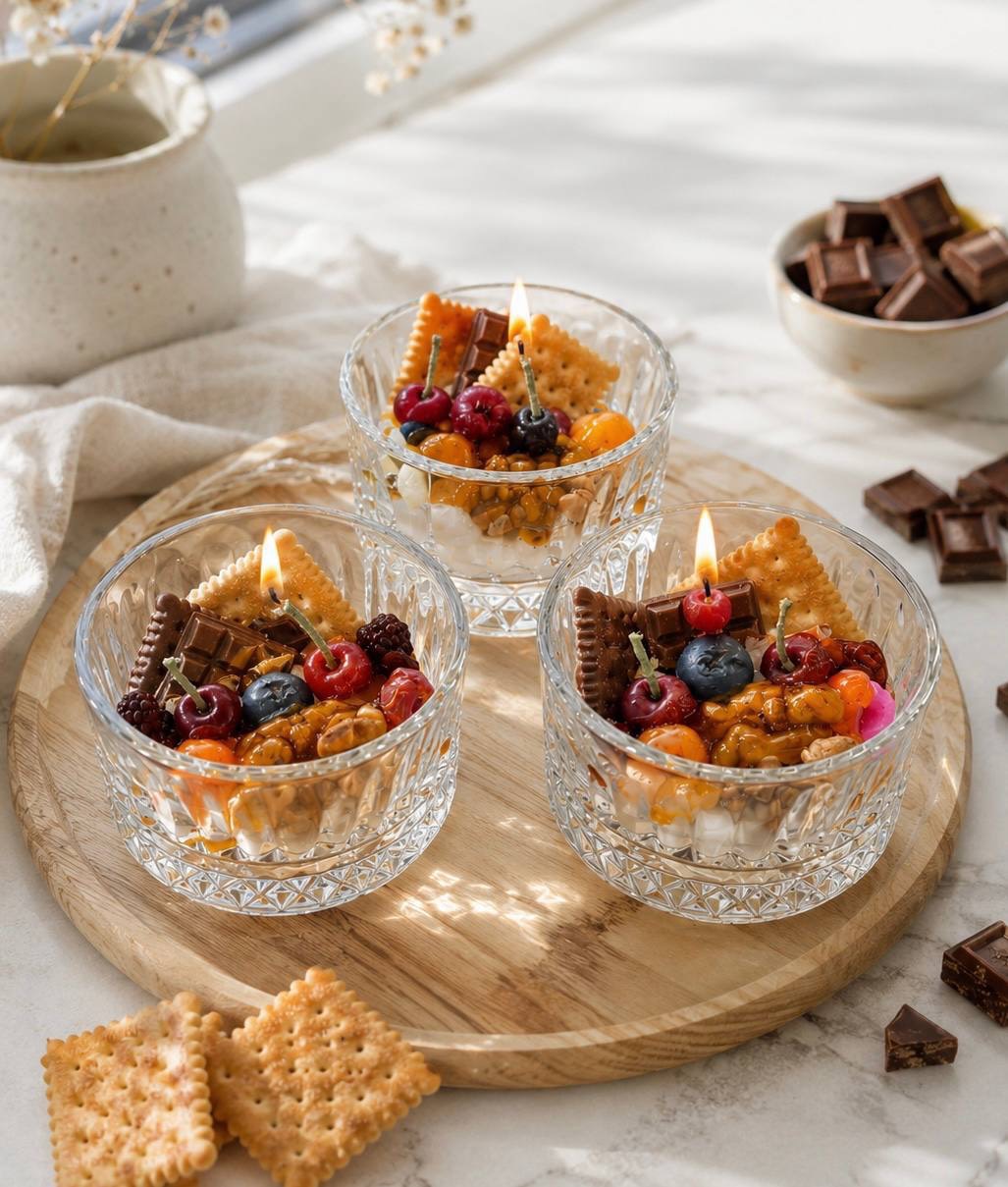 شمع شیشه ای شکلات و بیسکوییت